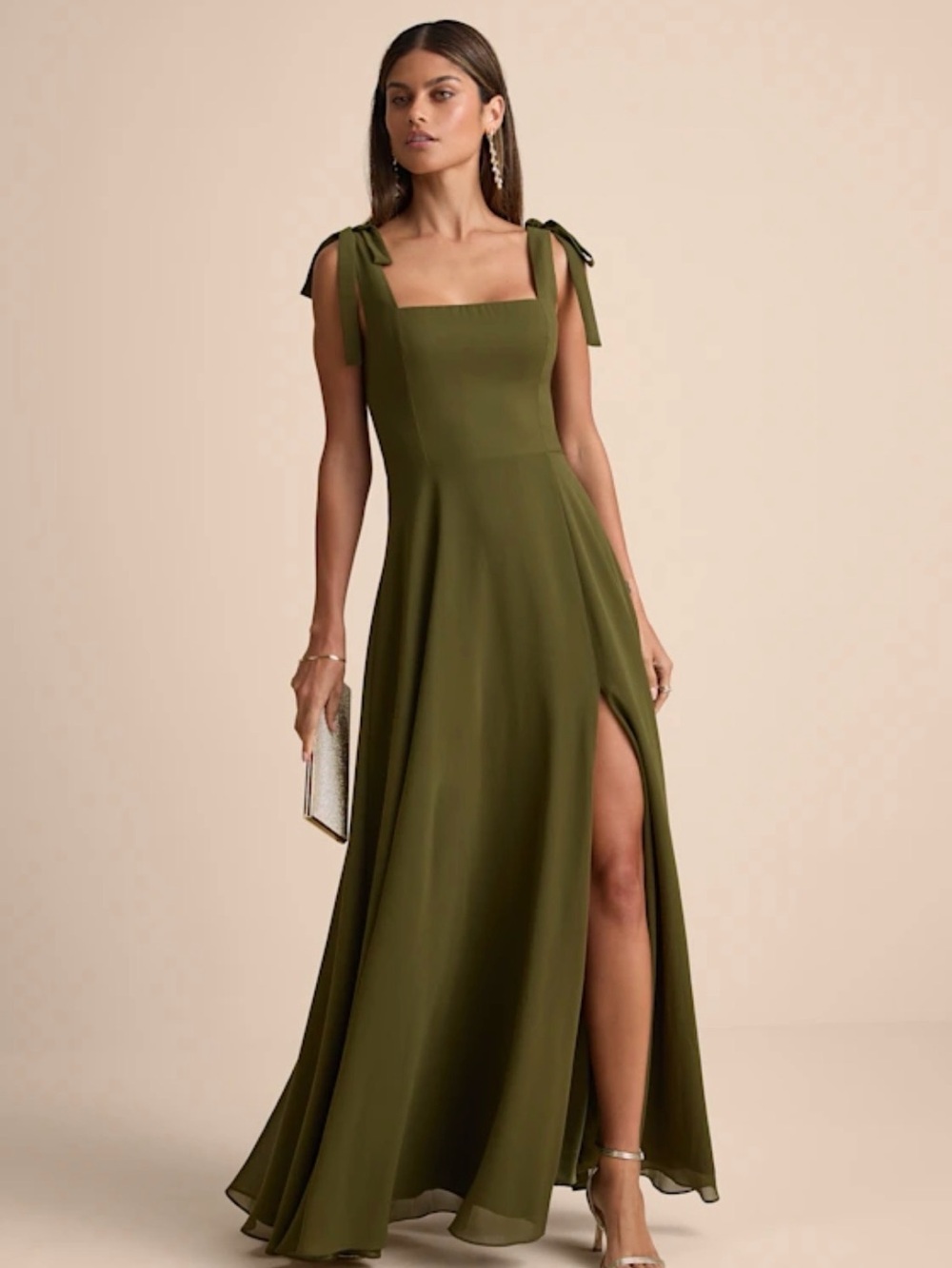Lulu's Olive Green Tie-Strap Maxi Gown